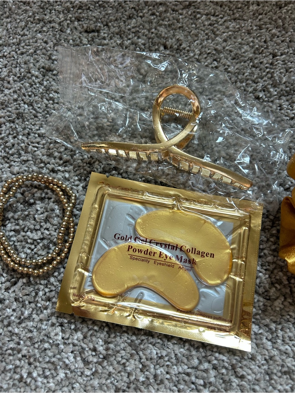Gold Hair Clip, Scrunchie, Beaded Bracelet & Gold Eye Patches - Picture 2 of 3
